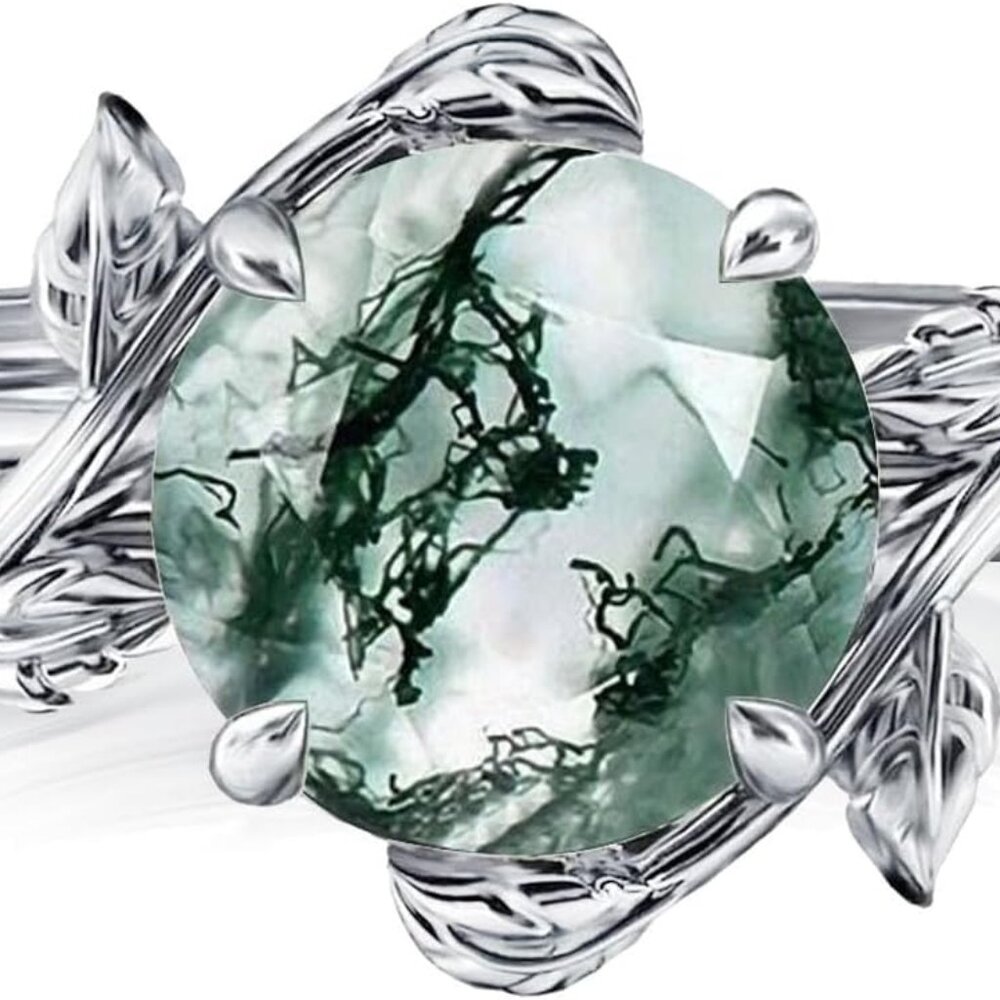 Natural Moss Agate Ring for Women 925 Sterling Silver Green Moss Agate Engagemen